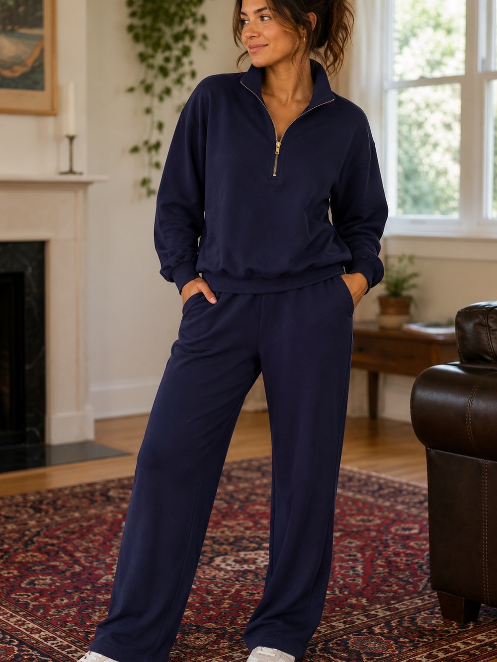 Women's Navy Half-Zip Pullover & Pants Set